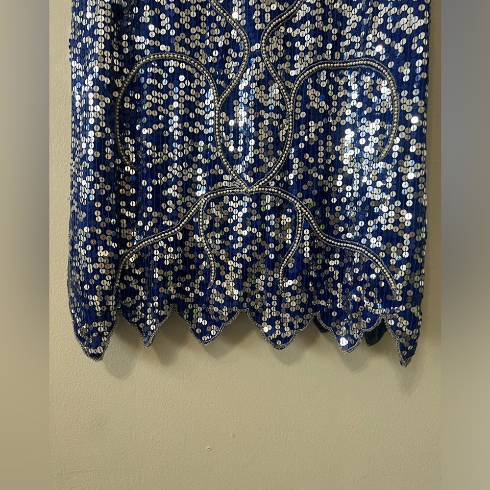 Vintage Blue Sequin Beaded Silk Dress Art Deco Midi Party Formal - Picture 5 of 16